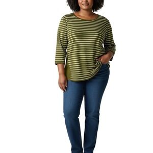 d&co denim & co Active Women XL Olive Green White Stripe 3/4 Sleeve Tunic Top